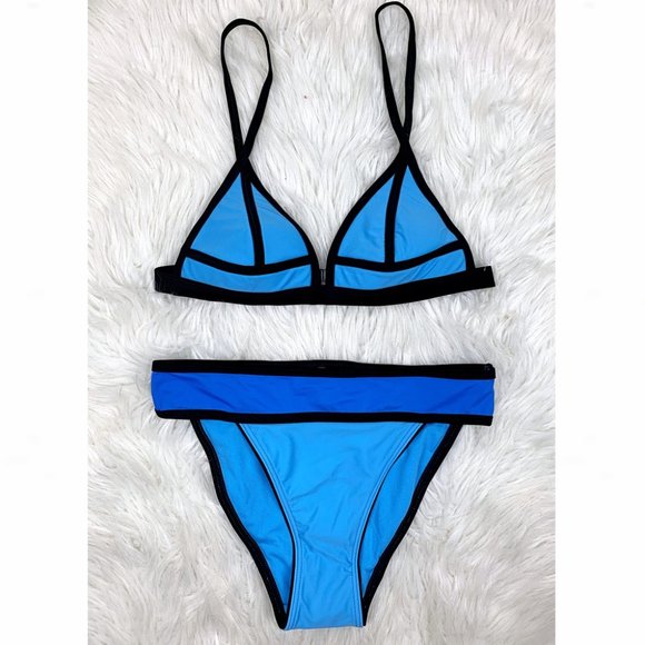 Blue Neo Piped Colorblock Banded Triangle Bikini - Picture 3 of 11